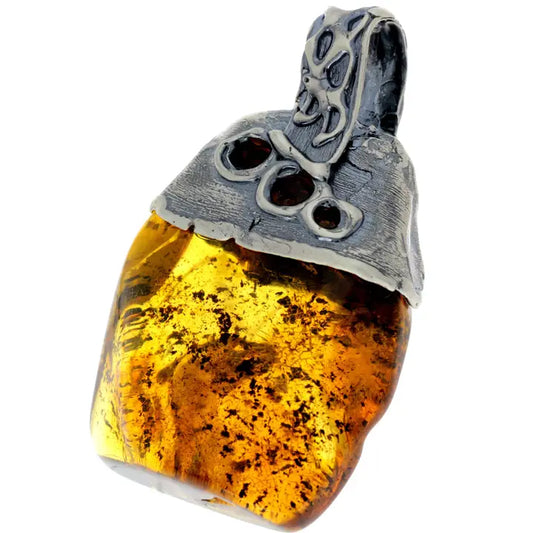 Sterling Silver & Genuine Cognac Baltic Amber Exlusive Unique Pendant