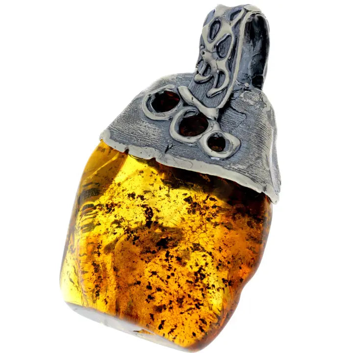 Sterling Silver & Genuine Cognac Baltic Amber Exlusive Unique Pendant