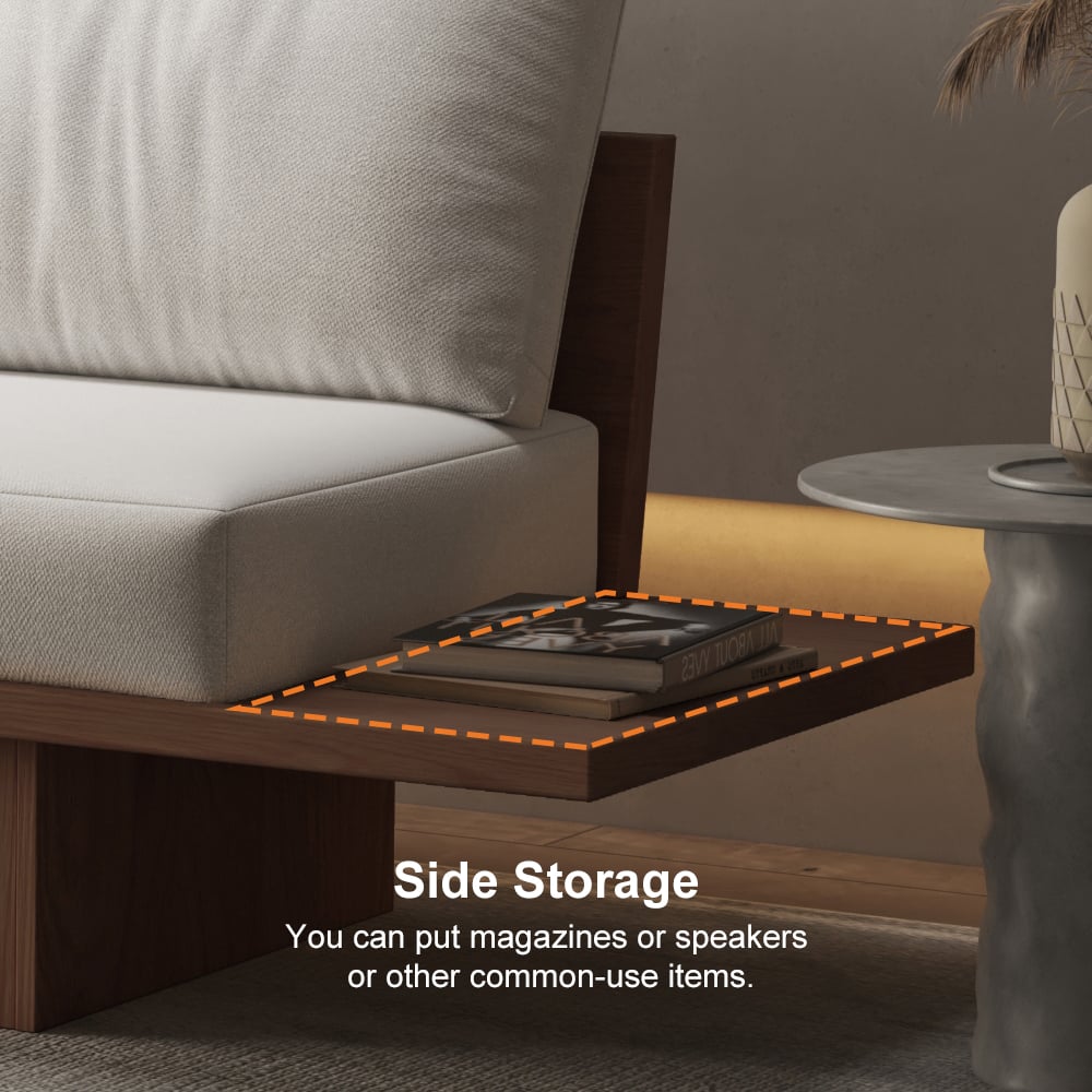 2460mm Walnut Japandi Solid Wood Living Room Sofa 3-Seater Cotton & Linen Upholstery - Horizon and Stone 