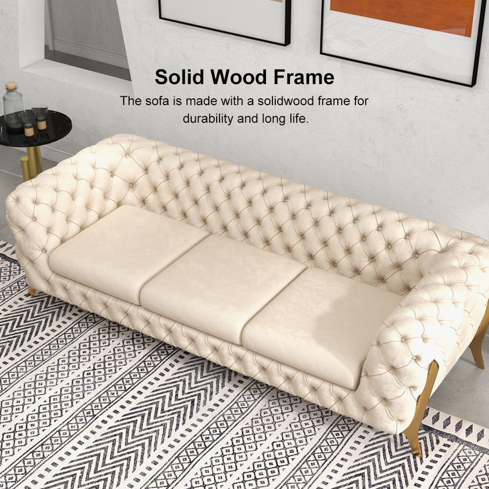2300mm Beige Modern Chesterfield Sofa 3-Seater Button Tufted Velvet - Horizon and Stone 