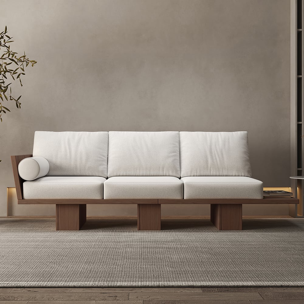 2460mm Walnut Japandi Solid Wood Living Room Sofa 3-Seater Cotton & Linen Upholstery - Horizon and Stone 