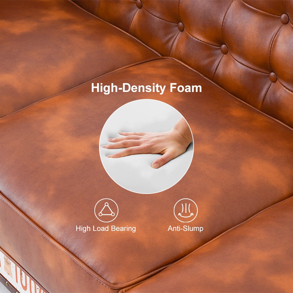 Vintage Industrial Loft 3-Seater Sofa Tufted Brown Faux Leather Upholstered Sofa - Horizon and Stone 
