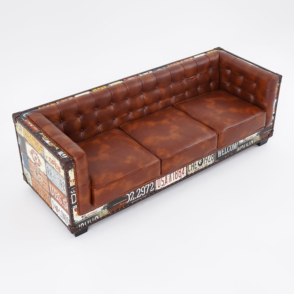 Vintage Industrial Loft 3-Seater Sofa Tufted Brown Faux Leather Upholstered Sofa - Horizon and Stone 
