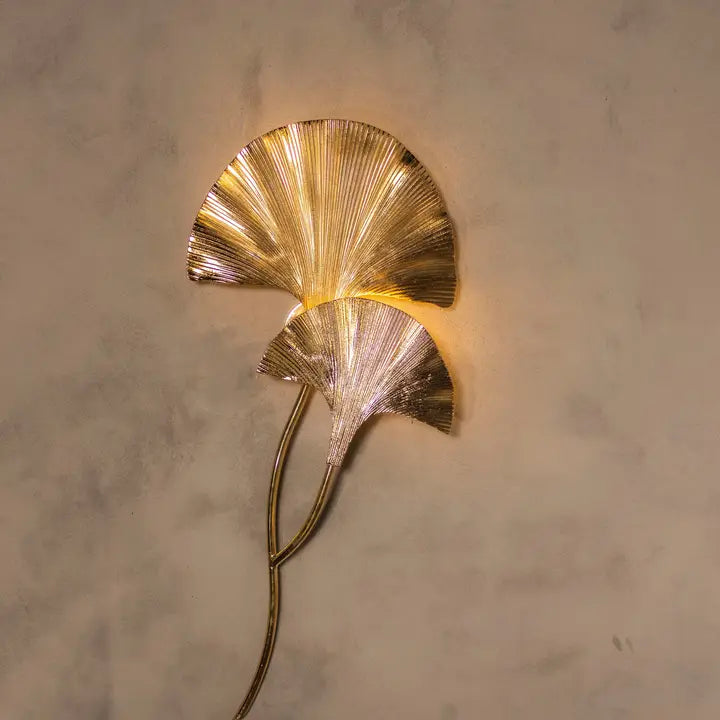 Handmade Ginkgo Double Leaf Sconce Lighting, Mid Century Gold Wall Lamp