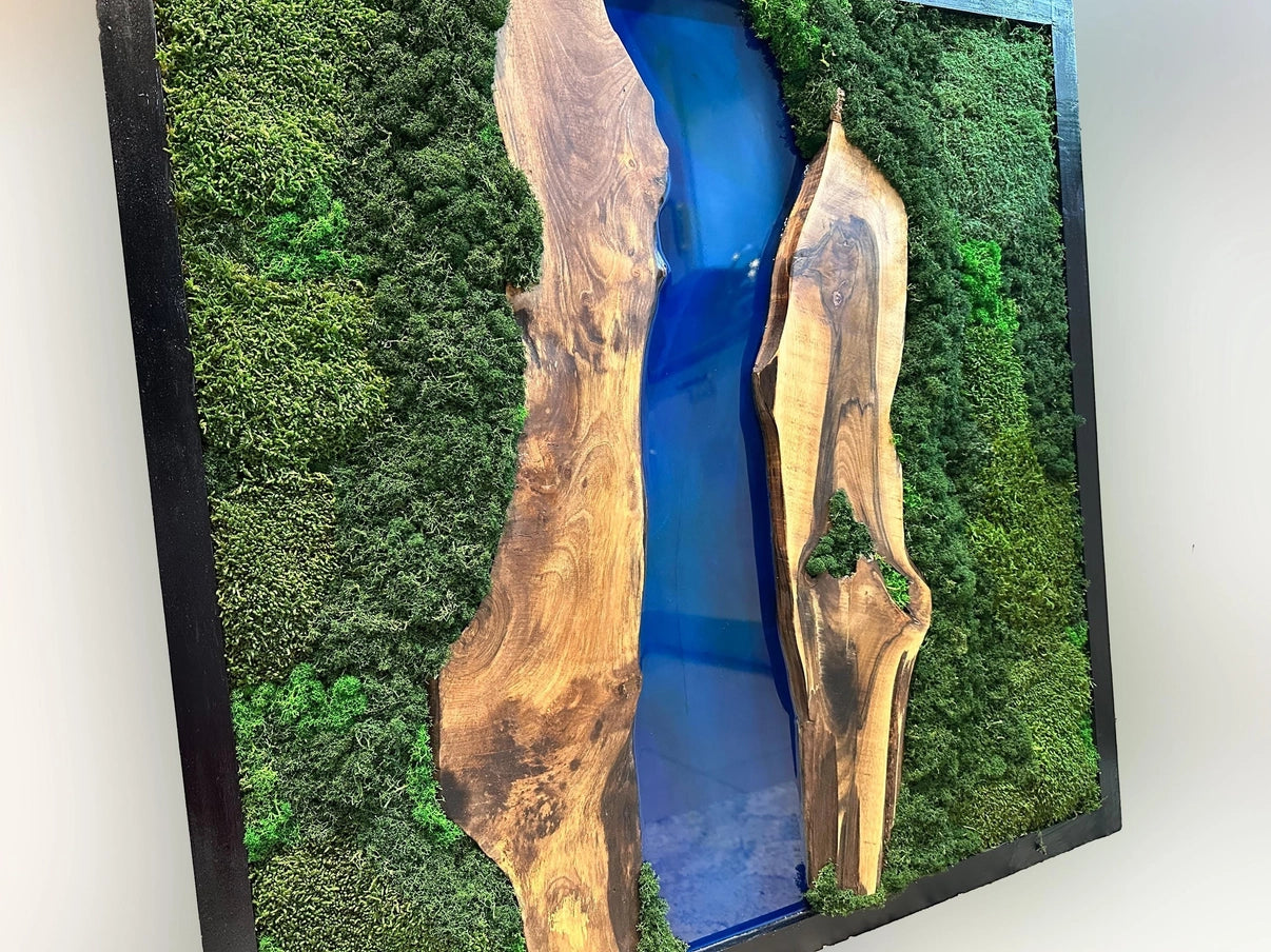 Moss and Wood Wall Art - Handmade Live Edge Olive Wood & Preserved Moss Wall River Design - Horizon and Stone 