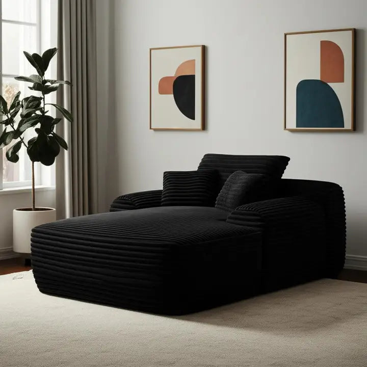 67" Black Corduroy Oversized Chaise Lounge Chair and Toss Pillows - Horizon and Stone 