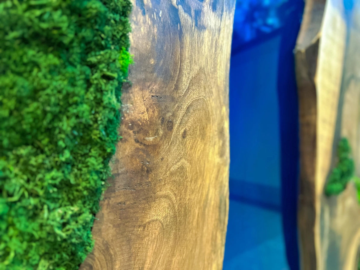 Moss and Wood Wall Art - Handmade Live Edge Olive Wood & Preserved Moss Wall River Design - Horizon and Stone 