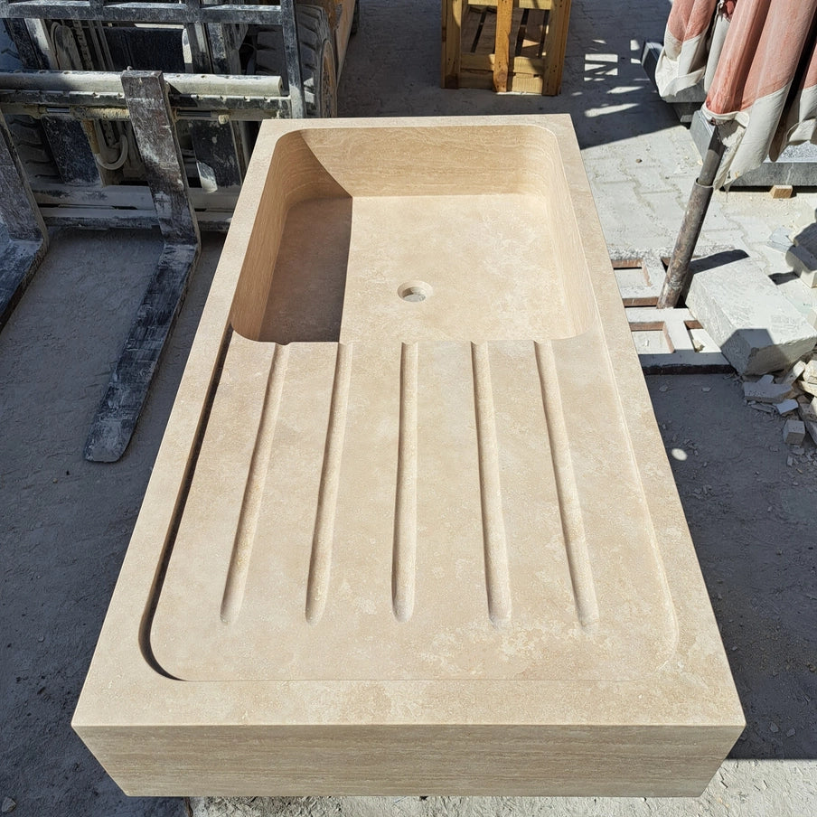 Marble Kitchen Sink, Custom Stone Sink with Drainboard For Kitchen Countertop,TRAVERTINE