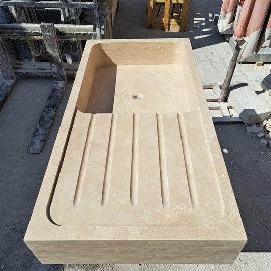 Marble Kitchen Sink, Custom Stone Sink with Drainboard For Kitchen Countertop,TRAVERTINE