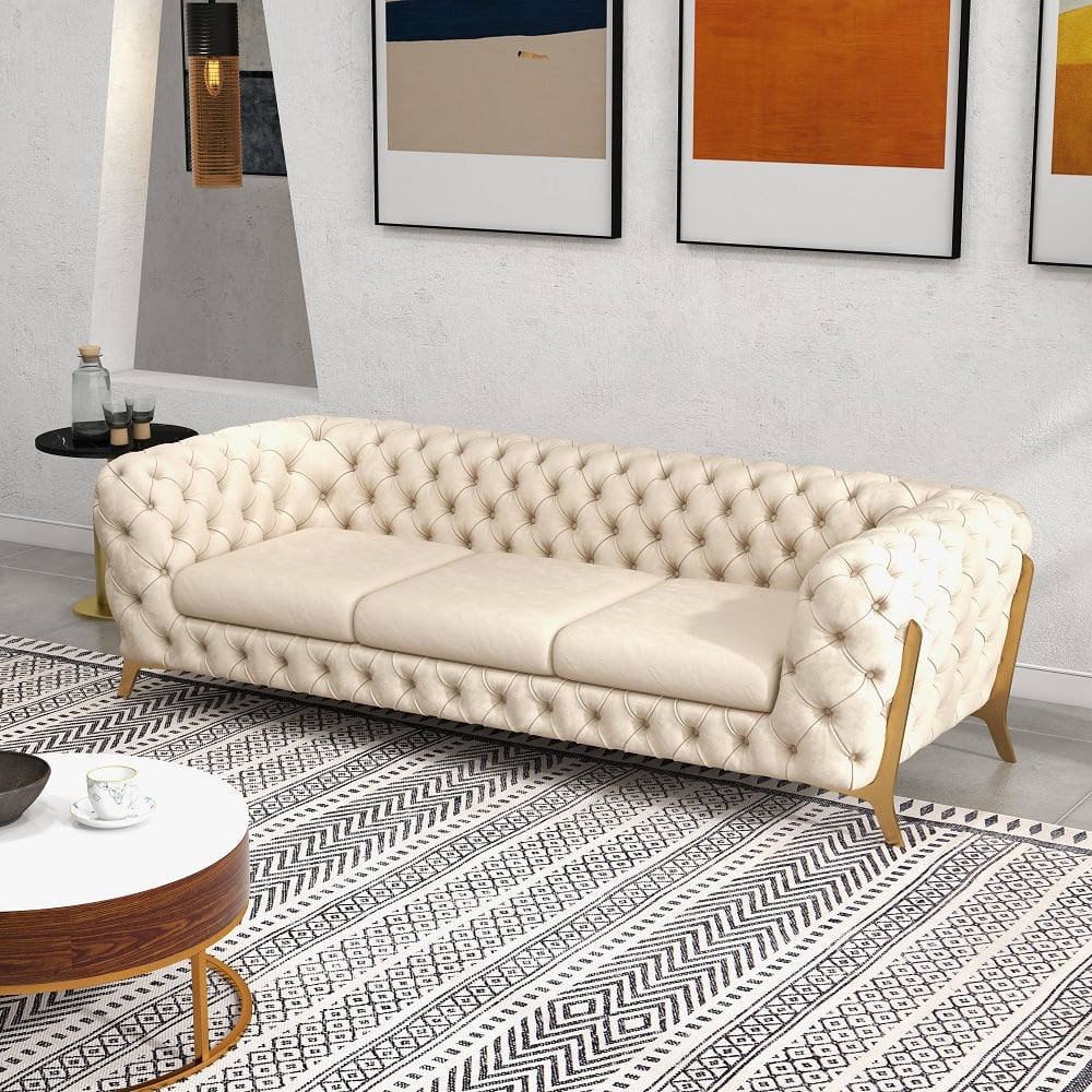 2300mm Beige Modern Chesterfield Sofa 3-Seater Button Tufted Velvet - Horizon and Stone 