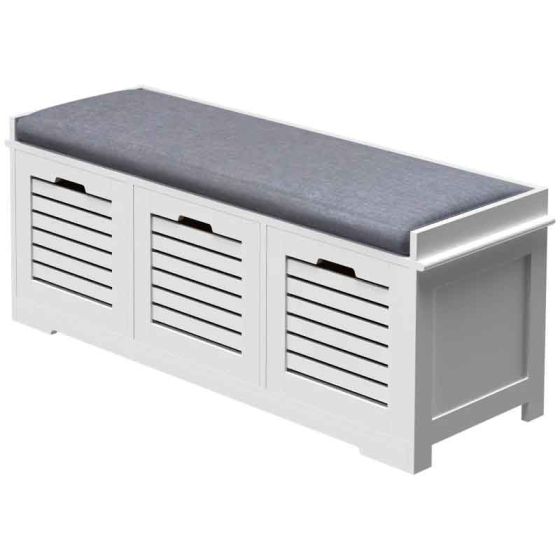 HOMCOM 3 Slatted Drawers Shoe Storage Bench - White - Horizon and Stone 
