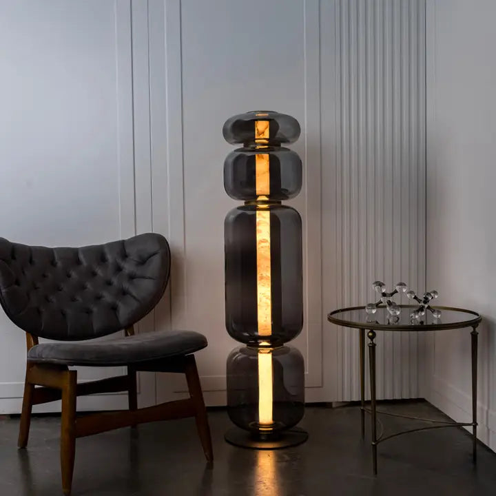 Seoul Four Smoked Glass Antique Marble Floor Lamp | Modern Decorative Lighting For Homes & Hotels - Horizon and Stone 