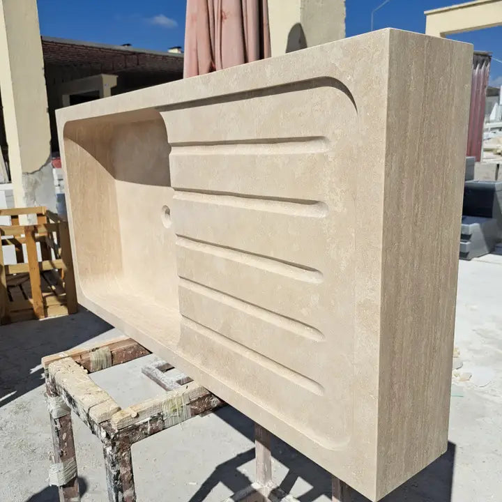 Marble Kitchen Sink, Custom Stone Sink with Drainboard For Kitchen Countertop,TRAVERTINE