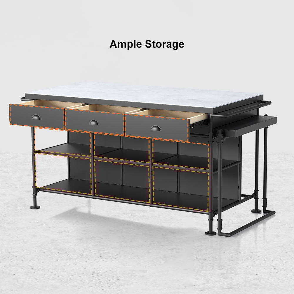 1525mm Kitchen Islands Extendable Faux Marble Top Industrial with 3-Drawer - Horizon and Stone 