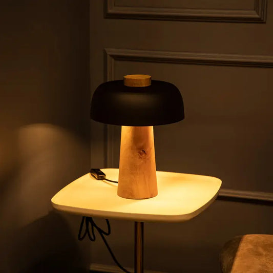 Handmade Wood & Concrete Mushroom Table Lamp, Vintage Decor - BLACK