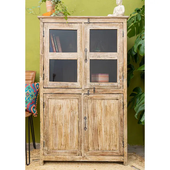 Vintage Wood & Glass 3 Door, 1 Shelf Cabinet