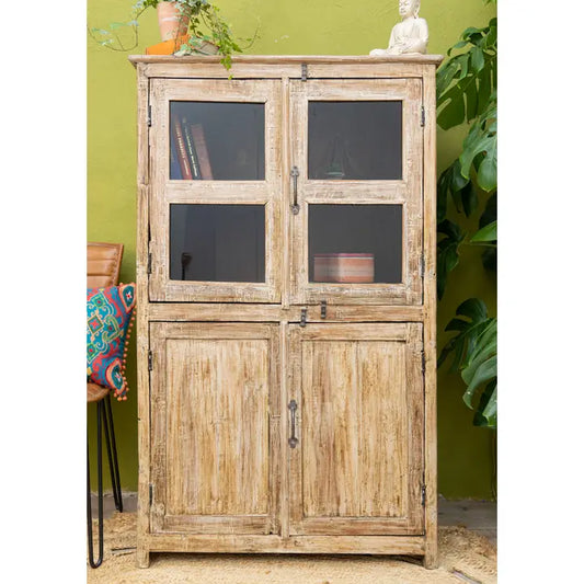 Vintage Wood & Glass 3 Door, 1 Shelf Cabinet