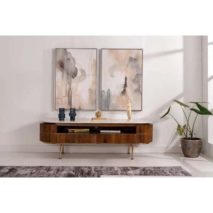 Natural Wood Tv Cabinet and White Marble Top - Horizon and Stone 