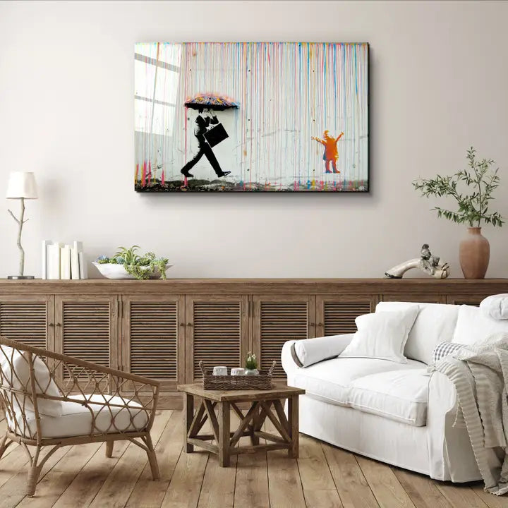 Banksy - Umbrella Man - Rainbow Rain Girl "・Glass Wall Art - Horizon and Stone 