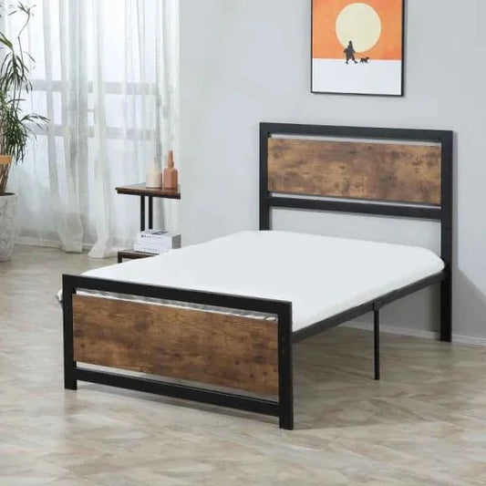HOMCOM Single Metal Bed Frame With Wood Headboard - Black & Brown - Horizon and Stone 