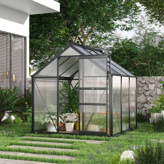 Outsunny 6 x 6ft Aluminium Large Walk-In Poly Greenhouse with Slide Door - Grey & Clear - Horizon and Stone 