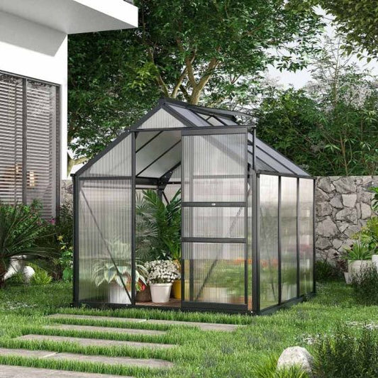 Outsunny 6 x 6ft Aluminium Large Walk-In Poly Greenhouse with Slide Door - Grey & Clear - Horizon and Stone 