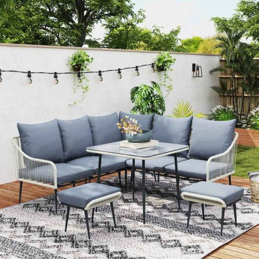 Outsunny 7 Seater Rattan Garden Corner Sofa Set - Grey - Horizon and Stone 