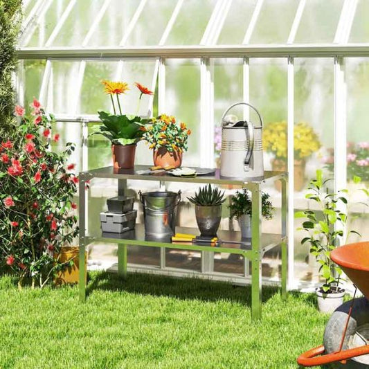 Outsunny 2 Tier Metal Potting Station - Silver Tone