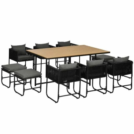 Outsunny 11 Piece Patio PE Rattan Wicker Dining Table & Chairs Set - Black - Horizon and Stone 