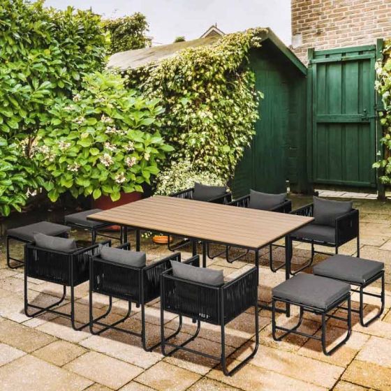 Outsunny 11 Piece Patio PE Rattan Wicker Dining Table & Chairs Set - Black - Horizon and Stone 