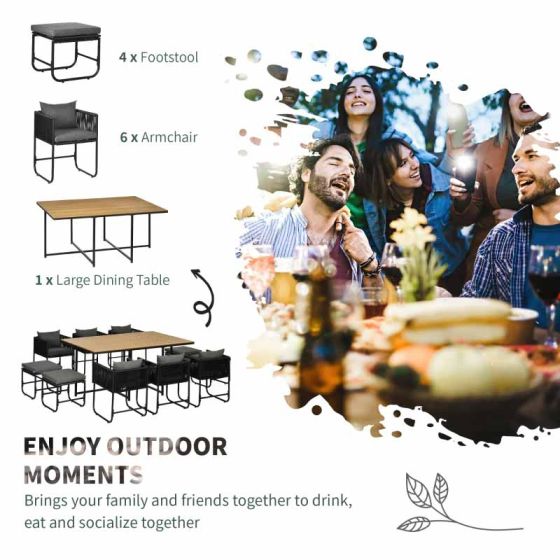 Outsunny 11 Piece Patio PE Rattan Wicker Dining Table & Chairs Set - Black - Horizon and Stone 