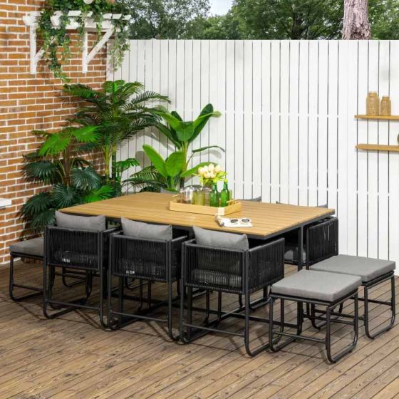 Outsunny 11 Piece Patio PE Rattan Wicker Dining Table & Chairs Set - Black - Horizon and Stone 