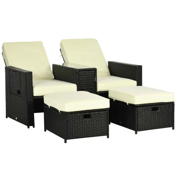 Outsunny 5 Piece Rattan Sun Lounger Set - Black - Horizon and Stone 