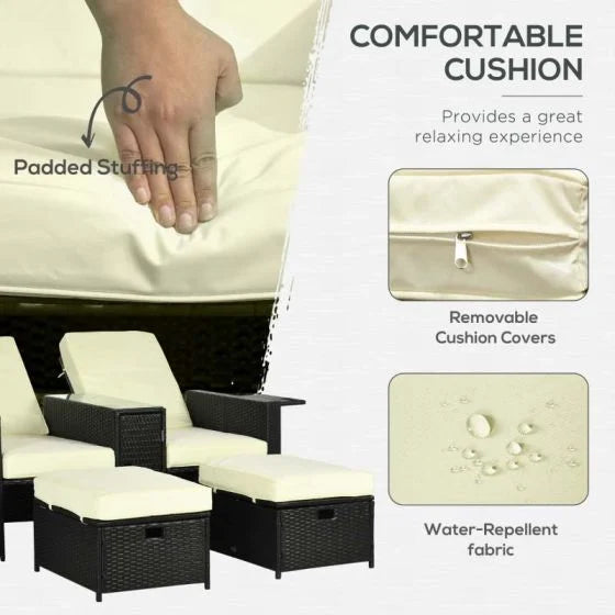 Outsunny 5 Piece Rattan Sun Lounger Set - Black - Horizon and Stone 