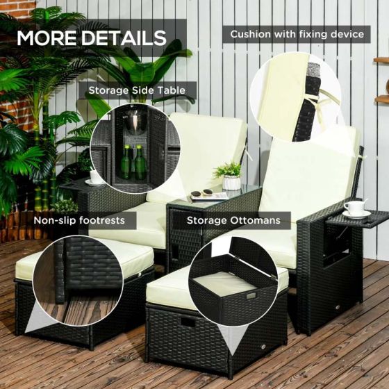 Outsunny 5 Piece Rattan Sun Lounger Set - Black - Horizon and Stone 