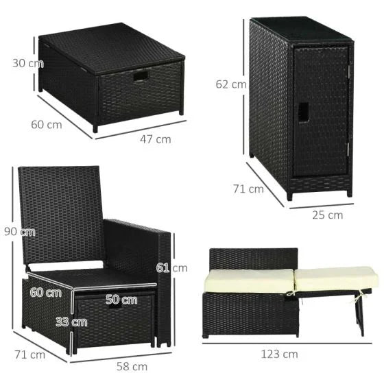 Outsunny 5 Piece Rattan Sun Lounger Set - Black - Horizon and Stone 