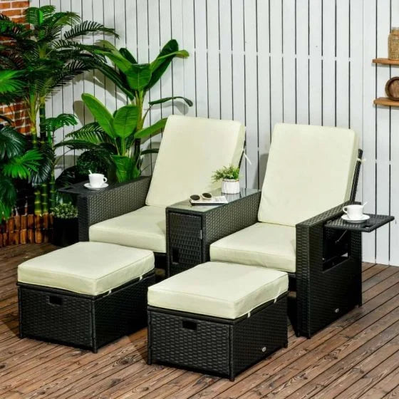 Outsunny 5 Piece Rattan Sun Lounger Set - Black - Horizon and Stone 