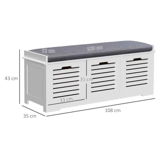 HOMCOM 3 Slatted Drawers Shoe Storage Bench - White - Horizon and Stone 