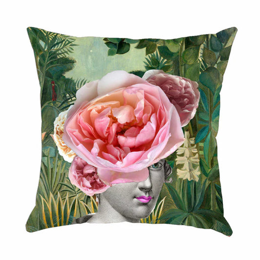 English Rose In The Jungle PINK Cushion -  FAUX LINEN - Horizon and Stone 